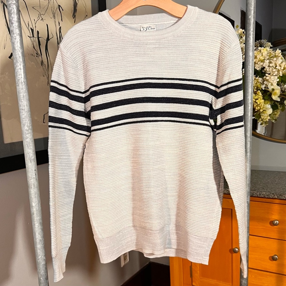 J. Crew White Crewneck Sweater with Blue Stripes - XS